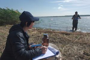 Experts collect samples of water at Kleban Byk lake, Donetsk Oblast, to perform chemical analysis as part of a project implemented by the OSCE Project Co-ordinator to enhance capacity of Ukraine in monitoring of environmental threats, 30 September 2018. (OSCE/Maxym Levin)