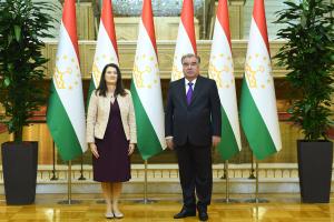 Emomali Rahmon, President of Tajikistan and Ann Linde, OSCE Chairperson-in-Office and Swedish Minister for Foreign Affairs in Dushanbe, 15 April 2021.  (Press Service of President of the Republic of Tajikistan)