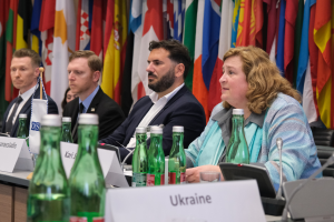 Dr. Kari Johnstone, OSCE Special Representative and Co-ordinator for Combating Human Trafficking and other panellists at the Conference for Strengthening Criminal Justice Responses to and Detection of Trafficking in Human Beings amid Refugee Flows from Ukraine, Vienna, 20 June 2024.  (OSCE/Elifnaz Kabalci)