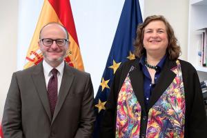 OSCE Special Representative and Co-ordinator for Combating Trafficking in Human Beings Kari Johnstone and State Secretary for Foreign and Global Affairs Diego Martínez Belío, Madrid, 11 February 2025  (Alexandra Donskova-Huber/OSCE)
