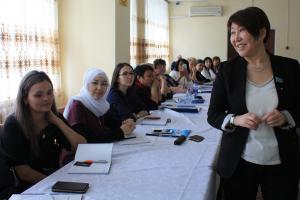 Meruert Kazbekova, Parliament Member and Women Entrepreneurs’ Union Chair, meeting women from rural areas of Akmola region and discussing challenges of entrepreneurship in the villages, Shortandy, 30 March 2017. (OSCE/Aigul Zharas)