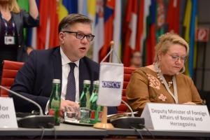 Josip Brkić, Deputy Minister of Foreign Affairs of Bosnia and Herzegovina and Tuula Yrjölä, Director of the OSCE Conflict Prevention Centre, 18 January 2023.  (OSCE)