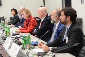 Speakers during the launch of the Technical Guide on Physical Security Considerations for Protecting Critical Infrastructure against Terrorist Attacks on the margins of a joint meeting of the OSCE Security Committee and OSCE Economic and Environment Committee, Vienna, 4 November 2025. (Micky Kroell/OSCE)