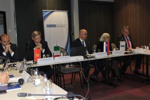 (l-r) Aleksandar Dajković, Director General of Directorate for Cultural Heritage in the Ministry of Culture of Montenegro, Luca Zelioli, the Italian Ambassador to Montenegro, Roman Hloben, the Slovak Ambassador to Montenegro, Maryse Daviet, the Head of the OSCE Mission to Montenegro and John Corrigan, the Security Co-operation and Governance Programme Manager at the Mission open the seminar on Protection of Cultural Heritage, Creating a Cultural Property Database and 
Prevention of Trafficking in Cultural Property in Podgorica, 5 November 2019.
 (OSCE/Marina Živaljević)