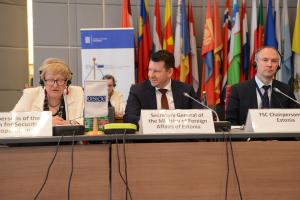 Jonatan Vseviov, Secretary-General of Estonia’s Ministry of Foreign Affairs addresses the inaugural Forum for Security Co-operation meeting under Estonia's Chairpersonship, Vienna, 14 May 2025. (OSCE/Micky Kroell)
