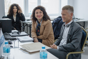 Experts from Germany, North Macedonia and UNODC during delivery of the session on human rights compliance in requesting electronic evidence, Astana, 9 November 2022. (Law Enforcement Academy/Dina Kulmanova)