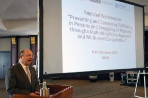 Michael Farrugia, Malta’s Minister for Home Affairs and National Security, addresses a regional workshop on how to combat human trafficking and the smuggling of migrants through a multi-disciplinary approach and multi-level co-operation, Valletta, 9 December 2019.  (Malta Department of Information/Reuben Piscopo)