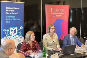 Valdete Osmani (l), National Programme Officer at the OSCE mission to Serbia, Professor Stojanka Mircheva (c) and Bjorn Tore Saltvik (r), Adviser on Police Reform and Project Manager at OSCE Secretariat, speaking at the gender-based violence workshop, Belgrade, 10 November 2022. (OSCE)