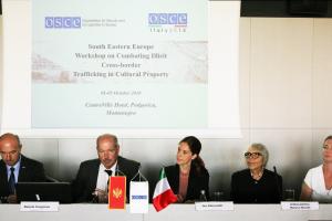 (L-R) Dennis Cosgrove, Head of Border Security and Management Unit / Transnational Threats Department / OSCE, Isa Ghivarelli, Representative of Italian OSCE Chairmanship and -	Ambassador Maryse Daviet, Head of OSCE Mission to Montenegro closing the five-day South Eastern Europe Workshop on Combating Illicit Cross-border Trafficking in Cultural Property in Podgorica, 5 October. (OSCE/Marina Živaljević)