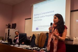 Maria Theresa Verdugo Moreno, Special Prosecutor for Hate Crimes in Málaga, Spain, addressing participants in a workshop on combating hate crime co-organized by OSCE/ODIHR, Milan, 19 May 2017.
 (OSCE/Tome Shekerdjiev)