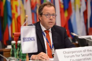 Fiel Vanthemsche, Deputy Permanent Representative, announcing Belgium’s priorities as FSC Chair, Vienna, 7 September 2022.  (OSCE/Micky Kroell )