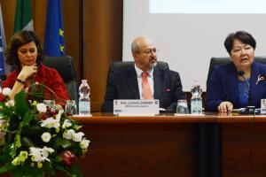 L-r: Laura Boldrini, President of the Chamber of Deputies of the Italian Parliament, and OSCE Secretary General Lamberto Zannier, listen to an address by Madina Jarbussynova, Special Representative and Co-ordinator for Combating Trafficking in Human Beings, during a conference at the Centre of Excellence for Stability Police Units (CoESPU) in Vicenza, Italy, 17 June 2016. (OSCE/Alberto Andreani)