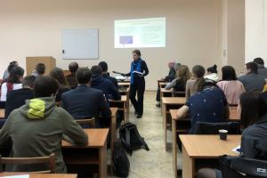 Students of Law Faculty of Zaporizhzhya National University attend a lecture on international human rights protection tools as part of academic exchange programme, supported by the OSCE. 21 October 2019. (OSCE)