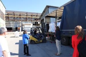 OSCE contractor GEOCOMA employees loading the truck transporting the dangerous chemicals from Transdniestria for incineration in Germany, 2024.  (OSCE/Ecaterina Leuca)