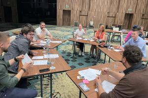 Civil society participants discussing the social re-use of confiscated property in Bosnia and Herzegovina, Sarajevo, 17 May 2022 (OSCE)