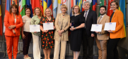 OSCE Secretary General Helga Maria Schmid, OSCE Senior Adviser on Gender Issues Lara Scarpitta and Chairperson of the OSCE Permanent Council Ambassador Igor Djundev with the winners of Gender Champions Award, Vienna, 13 July 2023. (OSCE)