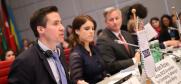 (L-r) Valiant Richey, OSCE Acting Co-ordinator for Combating Trafficking in Human Beings, Princess Eugenie of York, and John Cotton Richmond, US Ambassador-at-Large for Combating Human Trafficking, addressing the opening of the 19th Alliance against Trafficking in Persons conference, Vienna, 8 April 2019. (OSCE/Lucia Carmona)