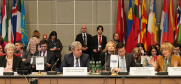(l-r) Theresa May, Member of Parliament, Former Prime Minister of United Kingdom, Igor Djundev, Permanent Representative of North Macedonia to the OSCE, Valiant Richey, OSCE Special Representative and Co-ordinator for Combating Trafficking in Human Beings and Helga Maria Schmid, OSCE Secretary General at the opening of 23rd Alliance conference against trafficking in persons, Vienna, 18 April 2023. (OSCE/Ghada Hazim)