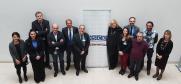 Cypriot journalists (from left to right) Gizem Özgeç, Sami Özuslu, Georgious Frangou, Esra Aygin, Christos Christophides and Andreas Riris, with Dunja Mijatović, OSCE Representative on Freedom of the Media and members of her Office, meeting in Vienna, 7 March 2017. (OSCE/Adis Mustedanagic)