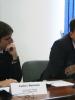 Andrey Butsman, Senior Programme Assistant at the OSCE Centre in Bishkek (left), and Victor Bedash, Inspector of the Crisis Section of the Prime-Minister's Office, at a roundtable discussion on crisis management in Kyrgyzstan, Bishkek, 19 September 2011.
 (OSCE/Svetlana Levina)
