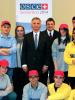 Albanian high school students pose for a group photo with the OSCE Chairperson-in-Office and Swiss Foreign Minister Didier Burkhalter (c), and the Head of the OSCE Presence in Albania, Ambassador Florian Raunig, Tirana, 24 April 2014.  (OSCE/Joana Karapataqi)