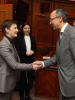 From left: Serbian Prime Minister Ana Brnabić greets OSCE High Commissioner on National Minorities Kairat Abdrakhmanov, Belgrade, 27 October 2022. (OSCE/Milan Obradovic)