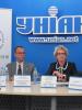 (L-r) Elma Šehalić, Media Analyst for the OSCE/ODIHR Election Observation Mission to the 28 October 2012 parliamentary elections in Ukraine; Stefan Krause, Deputy Head of Mission, and Dame Audrey Glover, Head of the Mission, address journalists at the Mission’s opening press conference, Kyiv, 12 September 2012. (OSCE/Sergey Kazmiruk)