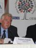 Roberto Battelli, Special Co-Ordinator to lead the short term OSCE observer mission and Julian Peel Yates, head of the OSCE/ODIHR observation mission, speak to reporters in Skopje on 6 June 2011 following early parliamentary elections. (OSCE PA)