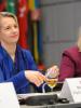 Helga Stevens (l), Member of the European Parliament and Co-Chair of the EP Disability Intergroup, and Tiina Kukkamaa-Bah (r), Chief of the Democratic Governance and Gender Unit at the OSCE Office for Democratic Institutions and Human Rights (ODIHR), during the conference on political participation of women with disabilities. Vienna, 16 April 2018 (OSCE/Micky Kroell)