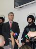 The OSCE Project Co-ordinator in Ukraine, Ambassador Lubomir Kopaj (c) and Emergency Situations Minister Nestor Shufrich (r) talk to journalists after a ceremony to hand over explosive ordnance detection equipment in Kyiv, 10 June 2010. (OSCE/Oksana Polyuga)