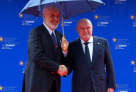 Albanian Prime Minister Edi Rama greets OSCE Secretary General Feridun H. Sinirlioğlu at the 6th European Political Community Summit in Tirana, 16 May 2025.  (OSCE)