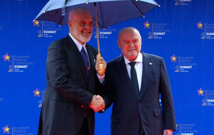 Albanian Prime Minister Edi Rama greets OSCE Secretary General Feridun H. Sinirlioğlu at the 6th European Political Community Summit in Tirana, 16 May 2025.  (OSCE)