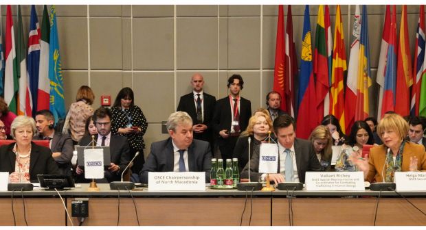 (l-r) Theresa May, Member of Parliament, Former Prime Minister of United Kingdom, Igor Djundev, Permanent Representative of North Macedonia to the OSCE, Valiant Richey, OSCE Special Representative and Co-ordinator for Combating Trafficking in Human Beings and Helga Maria Schmid, OSCE Secretary General at the opening of 23rd Alliance conference against trafficking in persons, Vienna, 18 April 2023. (OSCE/Ghada Hazim)