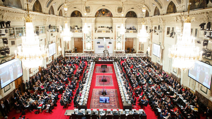 A grand conference hall with chandeliers, filled with delegates seated around long tables, attending an OSCE meeting.