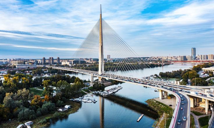 Aerial view of a cable-stayed bridge over a river, with city skyline and lush greenery under a blue sky.