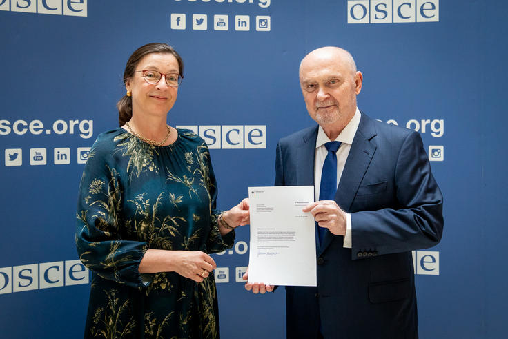 H.E. Sabine Stöhr, Ambassador of the Permanent Mission of Germany to the OSCE, with the OSCE Secretary General Feridun H. Sinirlioğlu, Vienna, 6 July 2026.