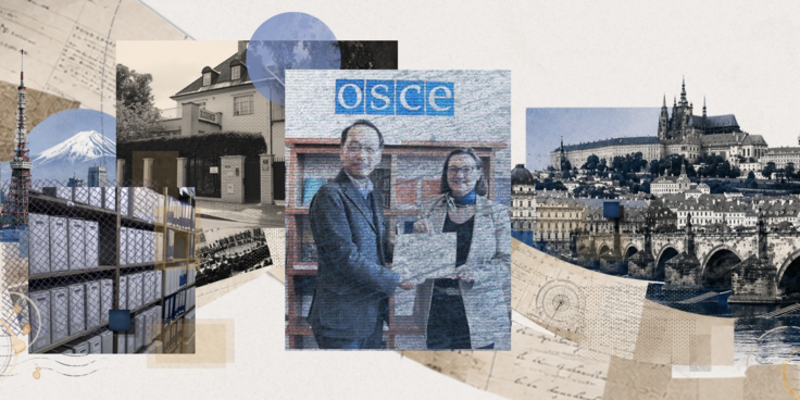 Collage featuring historical buildings, a bookshelf, and two people shaking hands under the OSCE sign.