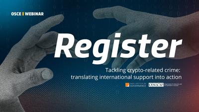Hands reaching towards each other on a dark blue background with text about a webinar on crypto-related crime.
