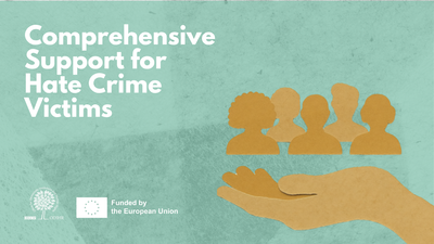 A graphic of a hand holding diverse, abstract human figures on a turquoise background.