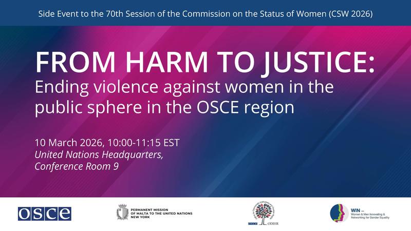 Event banner with text about ending violence against women, featuring OSCE and UN logos, set on a purple and blue gradient background.