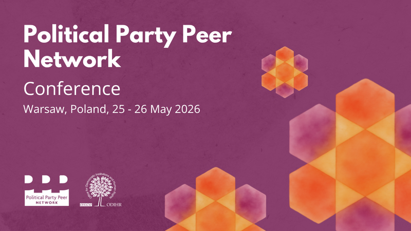 Purple conference banner with orange geometric patterns and logos at the bottom.