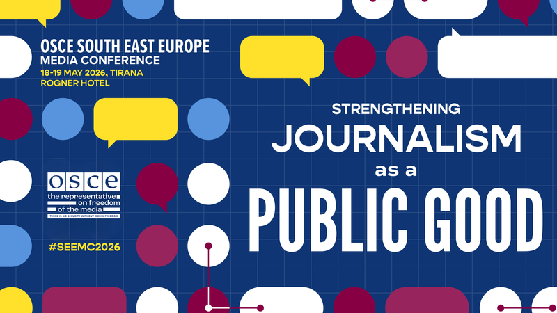 Blue conference banner with text bubbles and the conference title "Strengthening Journalism as a Public Good" in white letters.
