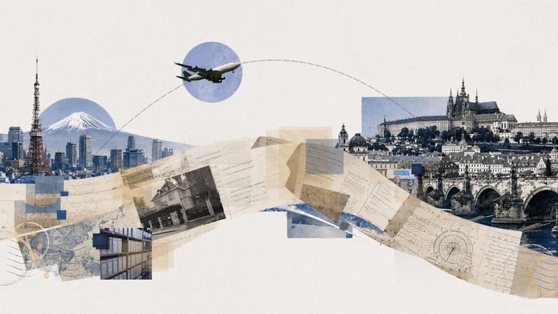 Collage depicting cityscapes, blueprints, and a plane flying across. Features landmarks like a tower and a cathedral.