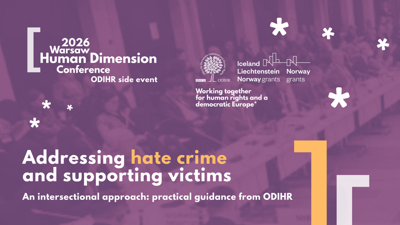 Conference banner with a purple theme, discussing addressing hate crime and supporting victims.