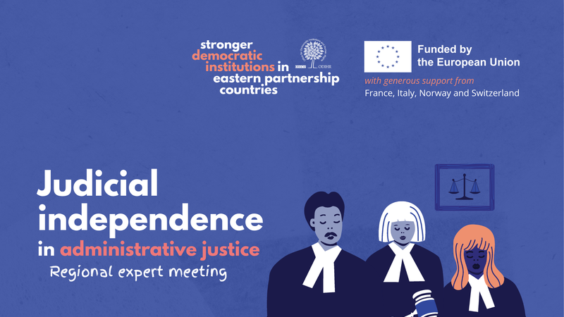 Three cartoon judges in robes and wigs on a blue background with text about judicial independence.