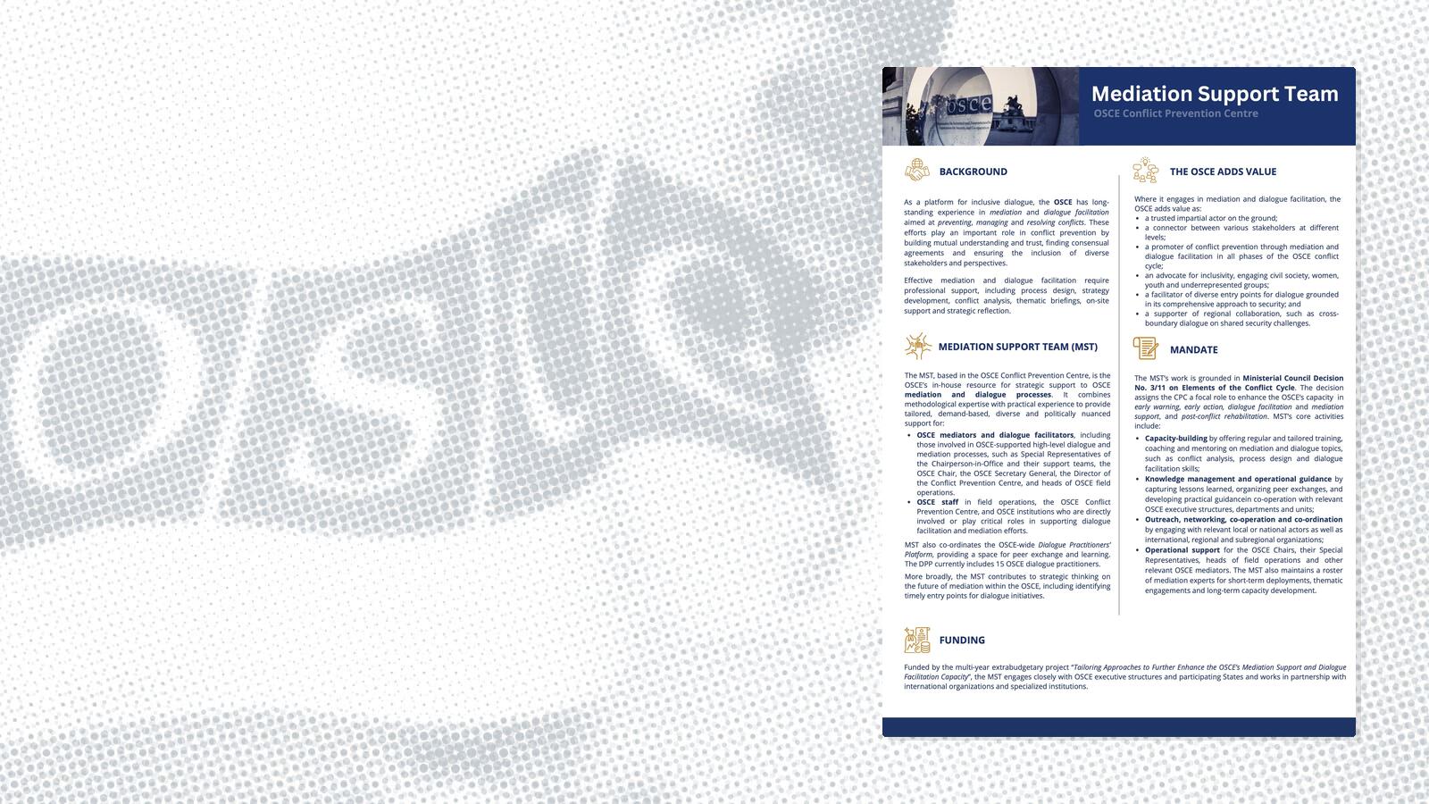 Mediation Support Team brochure with sections on background, mandate, and funding. Blue and white layout with text.
