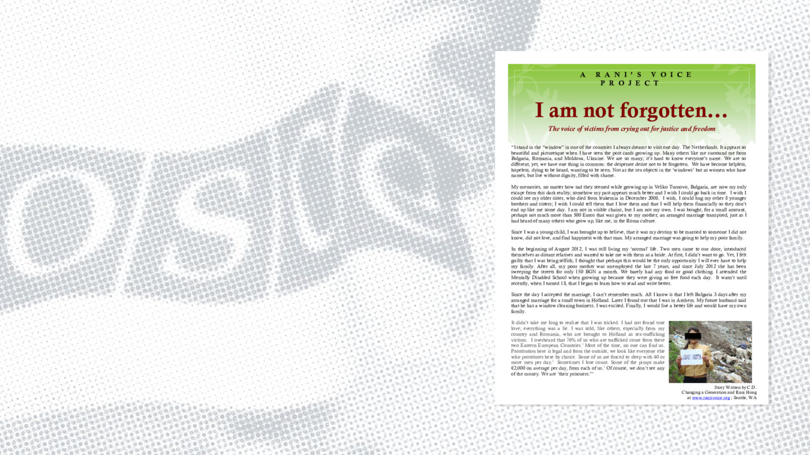 Roundtable discussion: Presentation by Rani Hong, UN.GIFT Special Advisor for Victims, Executive Director, Tronie Foundation Roundtable discussion: Presentation by Rani Hong, UN.GIFT Special Advisor for Victims, Executive Director, Tronie Foundation