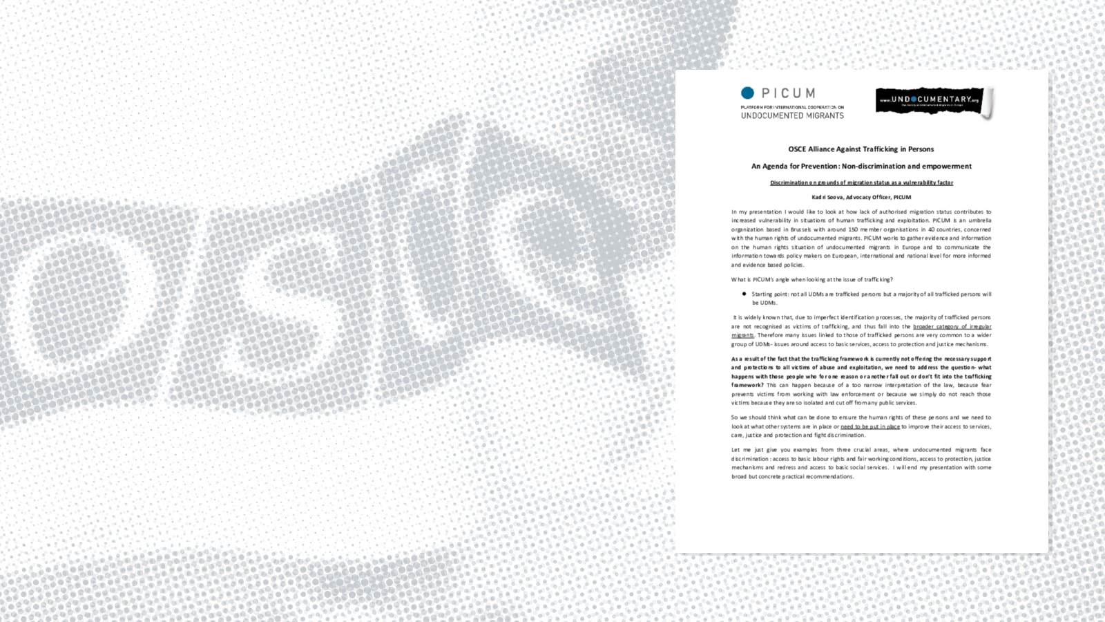 Panel 1: Speech by Kadri Soova, Advocacy Officer, PICUM Panel 1: Speech by Kadri Soova, Advocacy Officer, PICUM