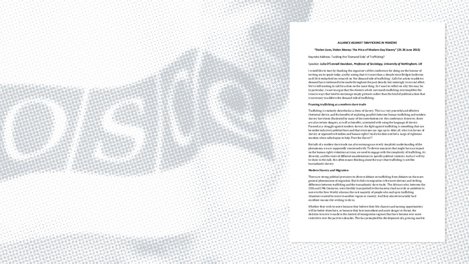 Keynote Speech by Julia O’Connell Davidson, Professor of Sociology, University of Nottingham, UK