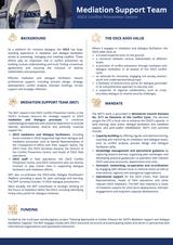Mediation Support Team brochure with sections on background, mandate, and funding. Blue and white layout with text.